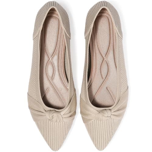 TINGRISE Women's Flats Shoes Comfortable Dressy Pointed Toe Knit Washable Ballet Flat Beige US8 - Image 1