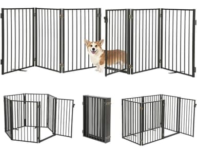 Metal Freestanding Dog Gates with Door for Outdoor Indoor,120'' Extra Wide 24'' Tall Free Standing Dog Gate for Doorways,Large Openings,Deck,Yard,Porch,Foldable Safety Pet Fence(Black,6 Panels) - Image 1
