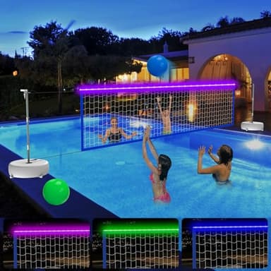 Alpcouts Pool Volleyball Net Set with Lights, Solar Powered Portable Outdoor LED Volleyball Net for Pool with 2 Glowing Balls,Pump and Weighted Bases, Adjustable Length 15ft-32ft for Inground Pool. - Image 1