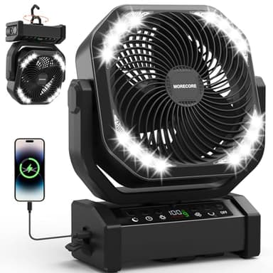 MORECORE 20000mAh Rechargeable Camping Fan with Light, 112HRS Running, 8-Speed, Auto Oscillating, Timer, LED Digital Display, 270°Pivot with Hook for Tent RV Emergency Garage-Black - Image 1