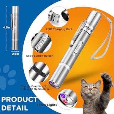 Koackl Cat Toy Pointer for Indoor, USB Rechargeable Toy, 3 Light Colors Cat Interactive Toys for Dogs, Cats, Pet Chase Toy for Fun Playing Training Exercise Indoors - Image 4