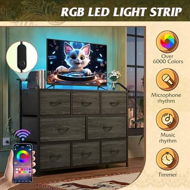 WLIVE Led Dresser for Bedroom, TV Stand for Bedroom with LED Lights and Power Outlet, Wide Chest of Drawers for Hallway, 8 Fabric Drawers for Living Room and Entryway, Charcoal Black Wood Grain Print - Image 6