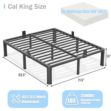 Yitong Angel 14 inch California King Bed Frame with Round Corner Legs Mattress Slide Stopper,3500 lbs Heavy Duty Metal Platform,Steel Slat Support,No Box Spring Needed,Easy Assembly,Noise Free - Image 3