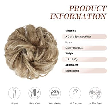 FESHFEN Messy Bun Hair Pieces - Large Wavy Curly Elastic Hair Bun Scrunchies Ponytail Extensions Synthetic Chignon Hairpieces for Women, Mixed Blonde and Ash Blonde Tips 1.94oz - Image 5