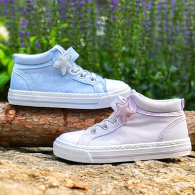 HugRain Toddler Girls Sneakers Walking Shoes for Little Kids Sparkle Glitter Star Canvas Casual Slip On High Top Adjustable Hook Loop Straps Velcro Non-Slip Lightweight Elastic Band Purple Size 12 - Image 2