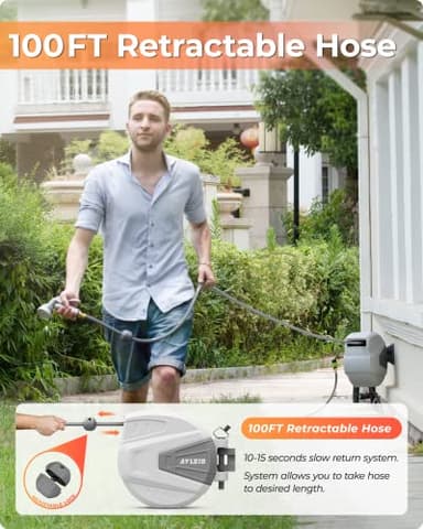 Ayleid Retractable Garden Hose Reel,1/2 in x 100 ft Wall Mounted Hose Reel, with 9- Function Sprayer Nozzle, Any Length Lock/Slow Return System/Wall Mounted/180°Swivel Bracket (Grey) - Image 8