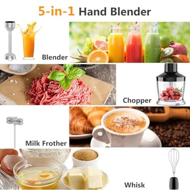 YASHE Immersion Blender Handheld, 5 in 1 Hand Blender, Continuously Variable Speed, Stainless Steel Stick, Powerful Motor, Emulsion Blender with Chopper, Whisk and Milk Frother for Soups - Image 2