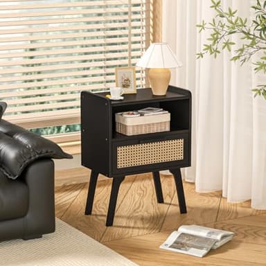 Lerliuo Rattan Nightstands Set of 2, Bedside Table with Drawer Open Shelf, Cane Accent Side End Table with Solid Wood Legs, Black Mid Century Night Stand for Bedroom, Dorm and Small Spaces - Image 5