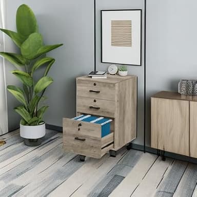VINGLI 3-Drawer File Cabinet with Lock, Wood Rolling Under Desk File Cabinets for Home Office, Mobile Printer Stand & Filing Organizer for Letter Sized Files, 26" H(Caster Included), Rustic Gray - Image 6