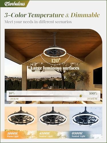 Fanbulous Outdoor Ceiling Fans with Light for Patios, 20" Weatherproof Plug in Ceiling Fan, Gazebo Fan Remote&APP Control, 3CCT Dimmable,Caged Ceiling Fan with Hanging Hook for Porch, Pergola,Canopy - Image 3