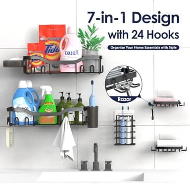 NESOMI Shower Caddy Adhesive Shower Organizer 7-Pack, Rustproof Stainless Steel Bathroom Shelves, Large Capacity No-Drill Rack Storage Accessories with Soap Dish Toothbrush Holder &24 Hooks Home Decor - Image 4