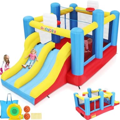 Big Bounce House for Kids 8-12 Girls/Boys Gifts, 15ft Ball Game Inflatables Bouncy House with Double Slide 3-12 Bouncy Castle with Blower, Jump House with Slide, Double Basketball Hoop - Image 1