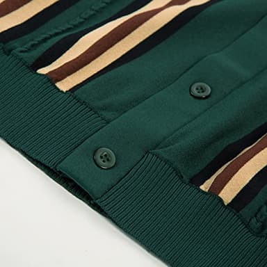 PJ PAUL JONES Mens Retro Striped Polo Shirt Short Sleeve Button Down Knitted Shirts Green XXL - Image 6