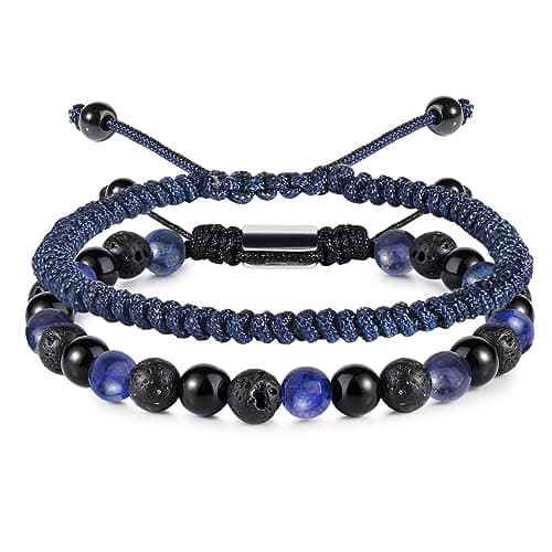 CARITATE Blue Beaded Bracelets for Men Boys - 6mm Lapis Lazuli Obsidian Lava Beads Mens Bracelet Set Mens Jewelry - Cool Anniversary Valentines Fathers Birthday Gifts for Him Boyfriend Husband Man - Image 1
