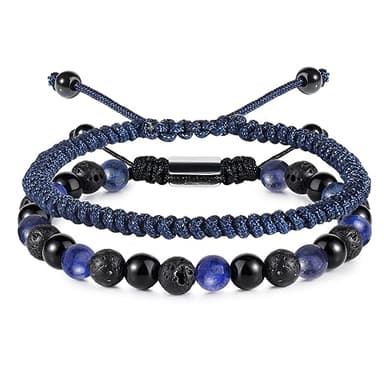 CARITATE Blue Beaded Bracelets for Men Boys - 6mm Lapis Lazuli Obsidian Lava Beads Mens Bracelet Set Mens Jewelry - Cool Anniversary Valentines Fathers Birthday Gifts for Him Boyfriend Husband Man - Image 1