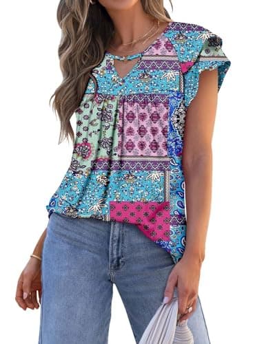 Womens Short Sleeve Shirt Double Ruffle Sleeve Tunic Top Blue Block XL - Image 3