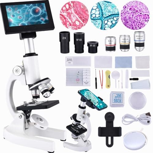 OOZSTAR Microscope 40X-2500X Magnification with 4.3-inch Display, Wide-Angle 10X and 25X eyepieces, and Built-in 5-megapixel Camera for School Labs, Animal Husbandry (White) - Image 1