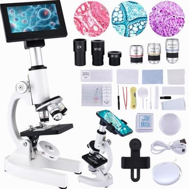 OOZSTAR Microscope 40X-2500X Magnification with 4.3-inch Display, Wide-Angle 10X and 25X eyepieces, and Built-in 5-megapixel Camera for School Labs, Animal Husbandry (White) - Image 1