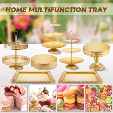 ELIMTEC Gold Cake Stand Metal Dessert Table Display Set Tiered Cupcake Holder Fruit Candy Donut Plate Serving Tower Tray Platter (Gold) - Image 5