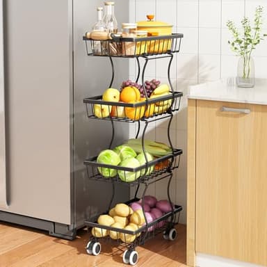 Fruit Basket Kitchen Pantry Organizers and Storage - 4 Tier Stackable Metal Wire Basket Stand for Fruit Vegetable Snacks Jars Bins Containers Organization, Black - Image 1