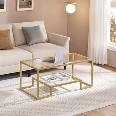 Yaheetech Gold Coffee Table, 42" Rectangular Glass Coffee Table for Living Room, 2-Tier Center Tea Tables with Metal Frame for Small Space, Apartment, Office - Image 2
