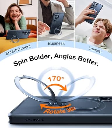 TORRAS 360 Spin Magnetic Stand for Samsung Galaxy S25 Ultra Case, Fit for Magsafe, Military Grade Slim Protective S25 Ultra Case with Kickstand & Ring Holder, Ostand Spin, Translucent Frosted Black - Image 3