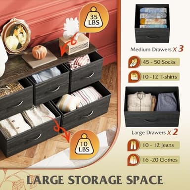 WLIVE Dresser for Bedroom with 5 Drawers, Wide Chest of Drawers, Fabric Dresser, Storage Organizer Unit with Fabric Bins for Closet, Living Room, Hallway, Charcoal Black Wood Grain Print - Image 4