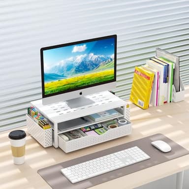 gianotter Desk Organizers and Accessories, Monitor Stand with Drawer and 2 Pen Holder, Desktop Organizer Suitable for Offices and Dormitories (White) - Image 8