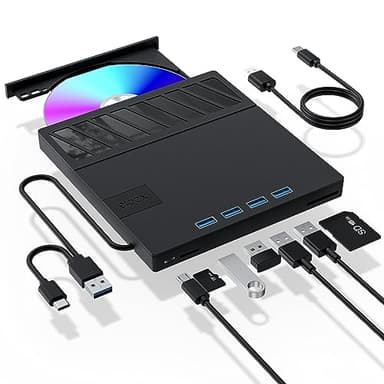 External CD/DVD Drive for Laptop – 7-in-1USB Portable CD/DVD Player Burner, High-Speed External Disk Drive with SD/TF Card Reader, 4 USB 3.0 Ports, Compatible with Windows 11/10, Linux, Mac (7 IN 1) - Image 1