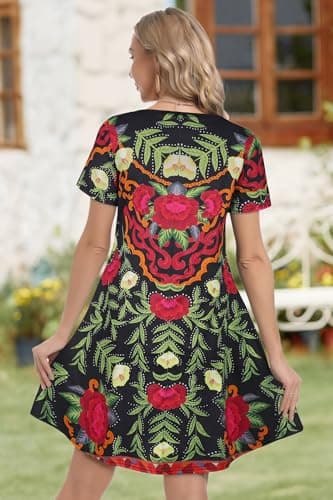 Summer Dresses for Women Casual Loose Short Sleeve Sundress Scoop Neck Beach Cover Up with Pockets(Red Boho, M) - Image 5