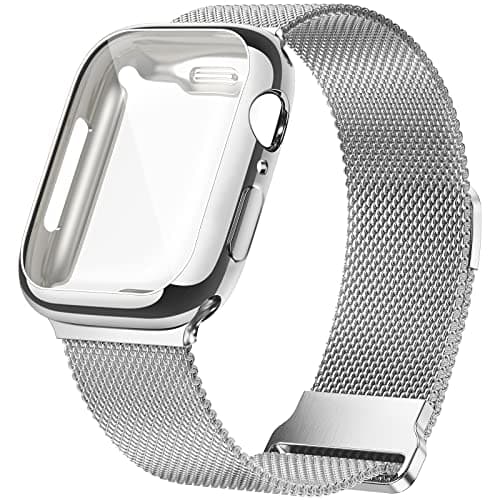 Geoumy Metal Magnetic Bands Compatible for Apple Watch Band 45mm with Case, Stainless Steel Milanese Mesh Loop Replacement Strap Compatible with iWatch Series 10/9/8/7/6/5/4/3/2/1 SE Women Men, Silver - Image 1
