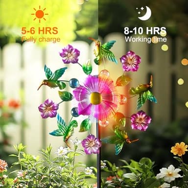 Hummingbird Solar Wind Spinners for Yard - 51" Metal Wind Sculptures Garden Stake with Color Changing LED Lights 360° Windmill Kinetic Spinner for Garden Lawn Patio Yard Decor - Image 4