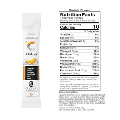 CELSIUS On-the-Go Powder Stick Zero Sugar (14 Sticks per Pack), Orange, 2.60 Oz - Image 3