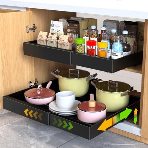 Mlinavn 2 Pack Pull Out Cabinet Organizer,21" Deep Slide Out Drawer Organizers,No Drill Pull Out Drawers Adhesive with Nano Compatible Framed Cabinets Shelves for Kitchen Pantry Adjustable Width - Image 1