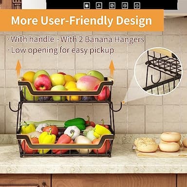 GILLAS 2 Tier Countertop Fruit Basket with 2 Banana Hangers for Kitchen, Detachable Metal Organizer for Bread Vegetable Fruits with Wooden Handle, Large Capacity Rectangular Storage Stand Bowls, Black - Image 4