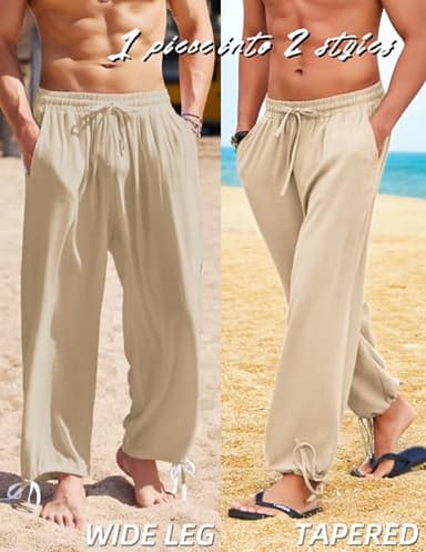 COOFANDY Men's Cotton Linen Pants Casual Harem Pants Elastic Waist Beach Boho Yoga Trousers Light Khaki - Image 3