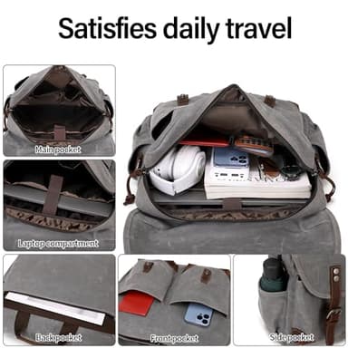 FENGDONG Mens Messenger Bag 15.6 Inch Vintage Waxed Canvas Genuine Leather Briefcase Leather Computer Laptop Bag Rugged Satchel Shoulder Bag Gray - Image 3