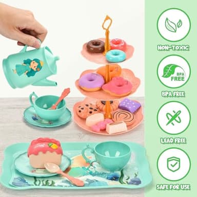 Lajeje Princess Tea Party Set for Little Girls - Pretend Plastic Teapot Set, Princess Tea Time Play Kitchen Toy with Cups, Plates, and Carrying Case - Birthday Gifts for Kids Toddlers Age 3 4 5 6 - Image 4