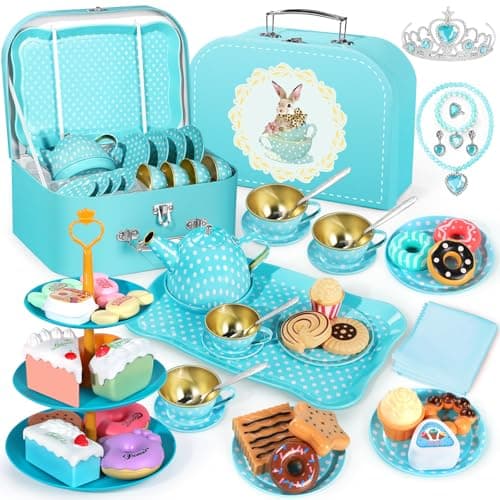 Tea Party Set for Little Girls, 49PCS Princess Tea Time Toys Including Tea Set Dessert Carrying Case, Kids Kitchen Pretend Playset (Bunny Tea Party Set Blue) - Image 1