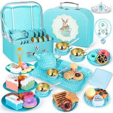 Tea Party Set for Little Girls, 49PCS Princess Tea Time Toys Including Tea Set Dessert Carrying Case, Kids Kitchen Pretend Playset (Bunny Tea Party Set Blue) - Image 1