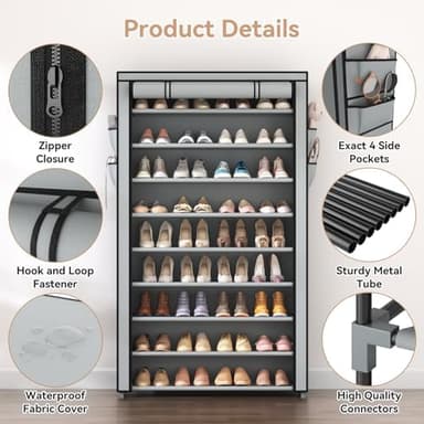 Shoe Rack with Covers 10 Tier Tall Shoe Rack Organizer Large Capacity Shoe Shelf Storage 40 Pairs Space Saving Free Standing Shoe Storage Organizer for Closet, Entryway, Dorm, Grey - Image 5