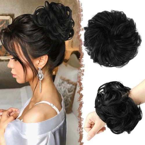 FESHFEN Messy Bun Hair Pieces - Large Wavy Curly Elastic Hair Bun Scrunchies Ponytail Extensions Synthetic Chignon Hairpieces for Women, Off Black 1.94oz - Image 1