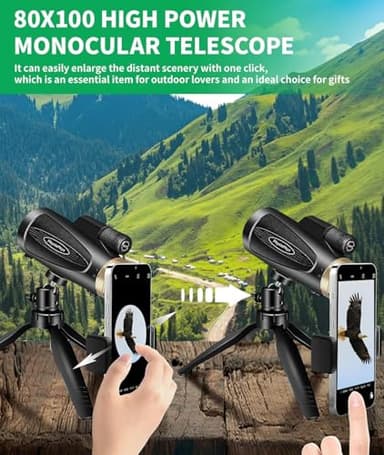 Monocular Telescope 80x100 HD Monoculars for Adults with Tripod & Phone Adapter, Monoculars for Bird Watching Stargazing Camping Hiking Hunting Wildlife Travel - Image 7