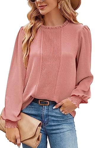 Aifer Shirts for Women Dressy Casual Puff Long Sleeve Blouse Valentines Mothers Day Tops Holiday Work Office Fall Spring Blouses Pink - Image 1