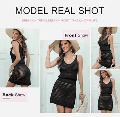 Dokotoo Swimsuit Women Cover Up 2025 Summer Casual Scoop Neck Sleeveless Crochet Hollow Out Womens Spaghetti Straps Knit Dress Beach Sweater Clothes Swimwear Hawaiian Dresses Black X-Large - Image 5