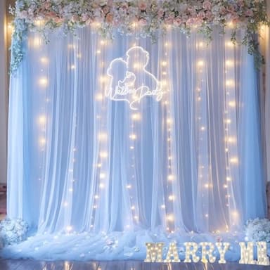 Baby Blue Sheer Tulle Backdrop Curtains with Lights String for Parites Baby Shower Decorations for Boy Bridal Shower Birthday Party Photo Shoot Background Wall Decorations 10×8ft(2 Panels 5×8ft) - Image 2