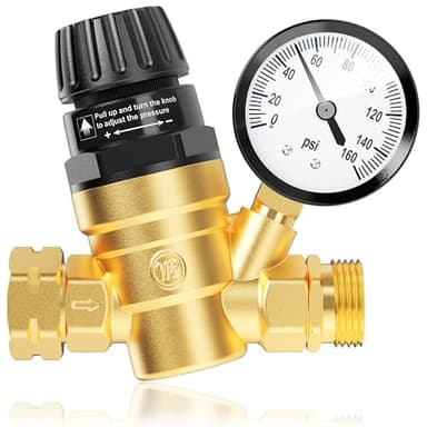 AOLINK RV Water Pressure Regulator Valve, Brass Lead-Free Adjustable Water Pressure Reducer with Gauge and Inlet Filter for RV Camper and Travel Trailer - Image 1