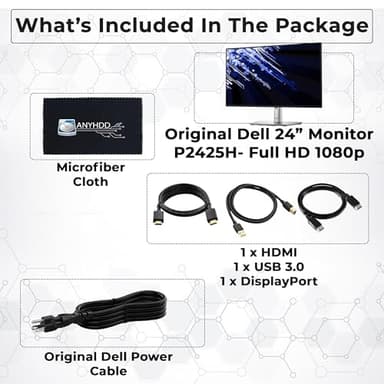 Dell P2425H Computer Monitor Screen 24" 16:9 IPS Display 100Hz w/Stand - 1 Year Warranty, Full HD, 1920 x 1080 with Power Cord + DisplayPort Cable + HDMI Cable + USB 3.0 Cable + Microfiber Cloth - Image 2