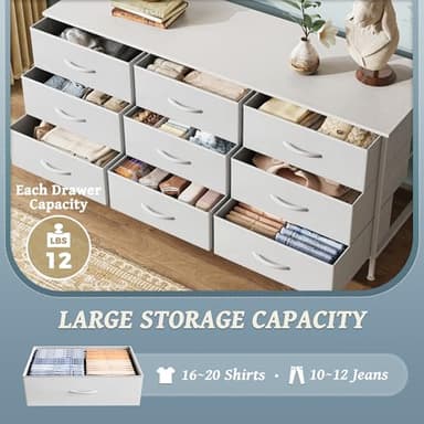 Huuger 9 Drawer Dresser, 47 Inch TV Stand for 50, 55 Inch TV, Entertainment Center with Drawers, Fabric Dresser Chest of Drawer for Bedroom, Closet, PU Leather Surface, White - Image 5