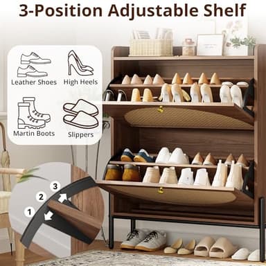 IRONCK Shoe Cabinet Storage with 2 Flip Drawers, Free Standing Wooden Shoe Storage Organizer Cabinet with Rattan Doors for Entryway, Narrow Shoe Rack Cabinet, Walnut - Image 5